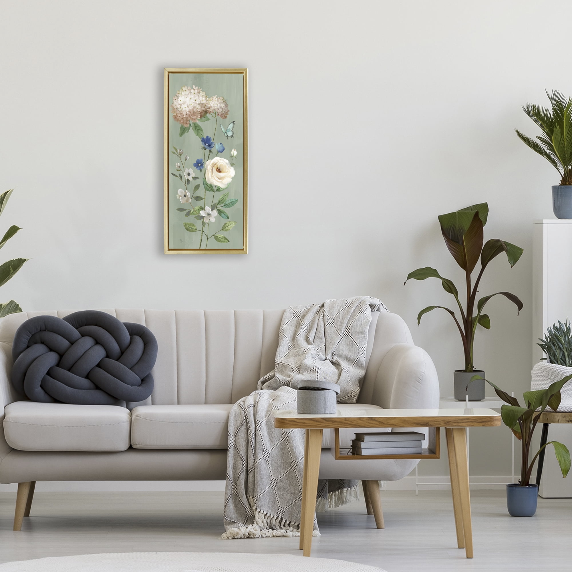 Stupell Industries Hydrangea & Rose with Butterfly Gold Framed Floater Canvas Wall Art, design by Nan