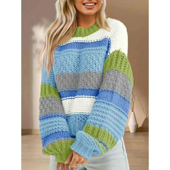 Womens Color Block Sweater Striped Chunky Knit Cropped Sweaters Crewneck Fall Long Sleeve Loose Pullover Tops