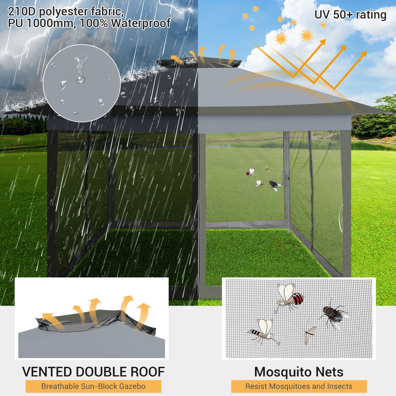 COBIZI 12'x12' Pop-up Gazebo Patio Gazebo Outdoor Gazebo Canopy with Mosquito Netting Patio Tent Backyard Canopy with 2-Tiered Vented Top 3 Adjustable Height and 144 Square Ft of Shade, Dark Gray