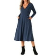 thumbnail image 2 of INSPIRE CHIC Knit Dresses for Women's Ribbed Midi Deep V Long Sleeve Wrap A-Line Dress L Navy Blue, 2 of 6