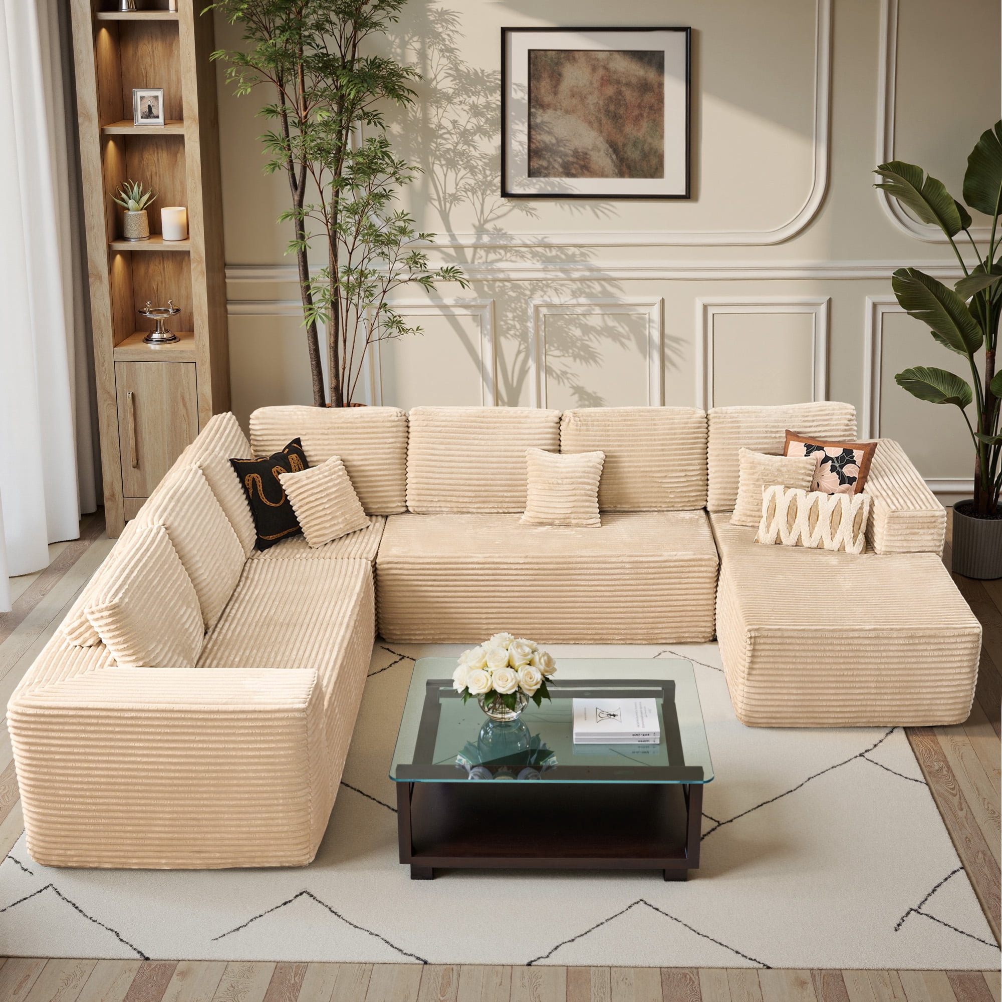 Ovios 135'' x 107'' U-Shaped Oversized Sectional Sofa Modern Modular Cloud Couch with Deep Seat Plush Corduroy Upholstered Large Comfy Sofa for Living Room, No Assembly, Beige