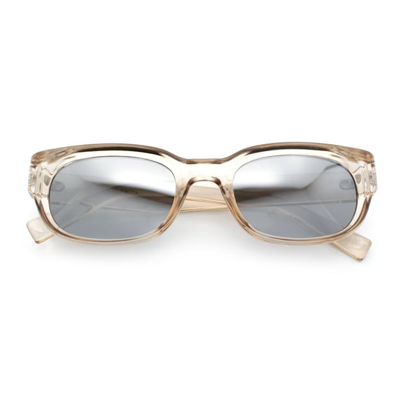 Womens Narrow Rectangle Silver Mirror Lens Mod Bevel Plastic Sunglasses Peach