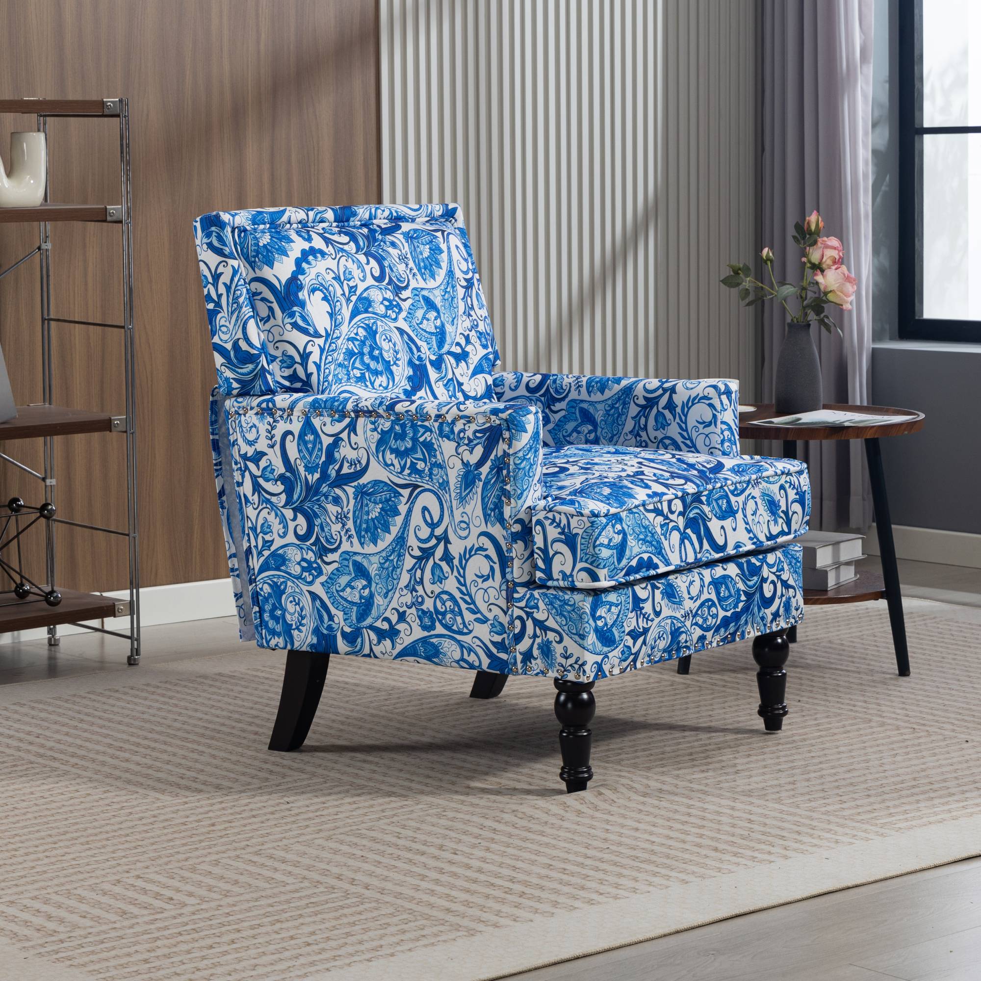 Mid Century Accent Chair Comfy Armchair with Wooden Legs & Nailhead Trim, Blue and White Striped Vintage Arm Chair, Blue and White