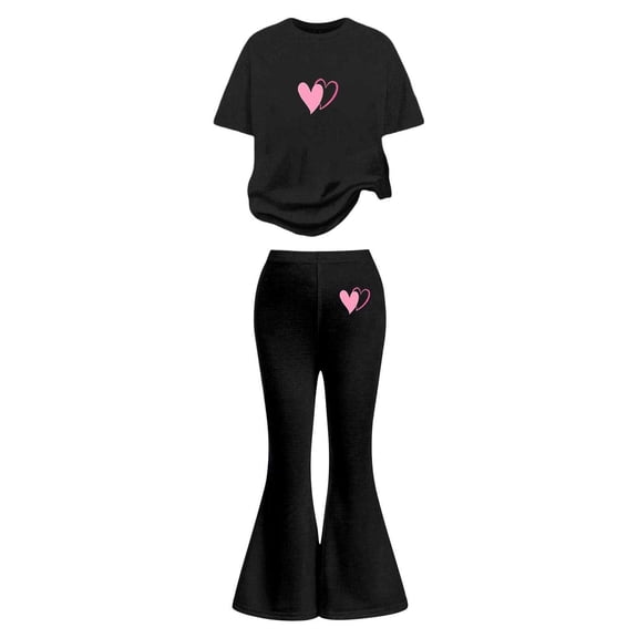 Likimi Children Girls Two Piece Set Crew Neck Short Sleeve Heart Print Top With Flared Pants Summer Comfort Soft Outfit Set Black Size 9-10 Years