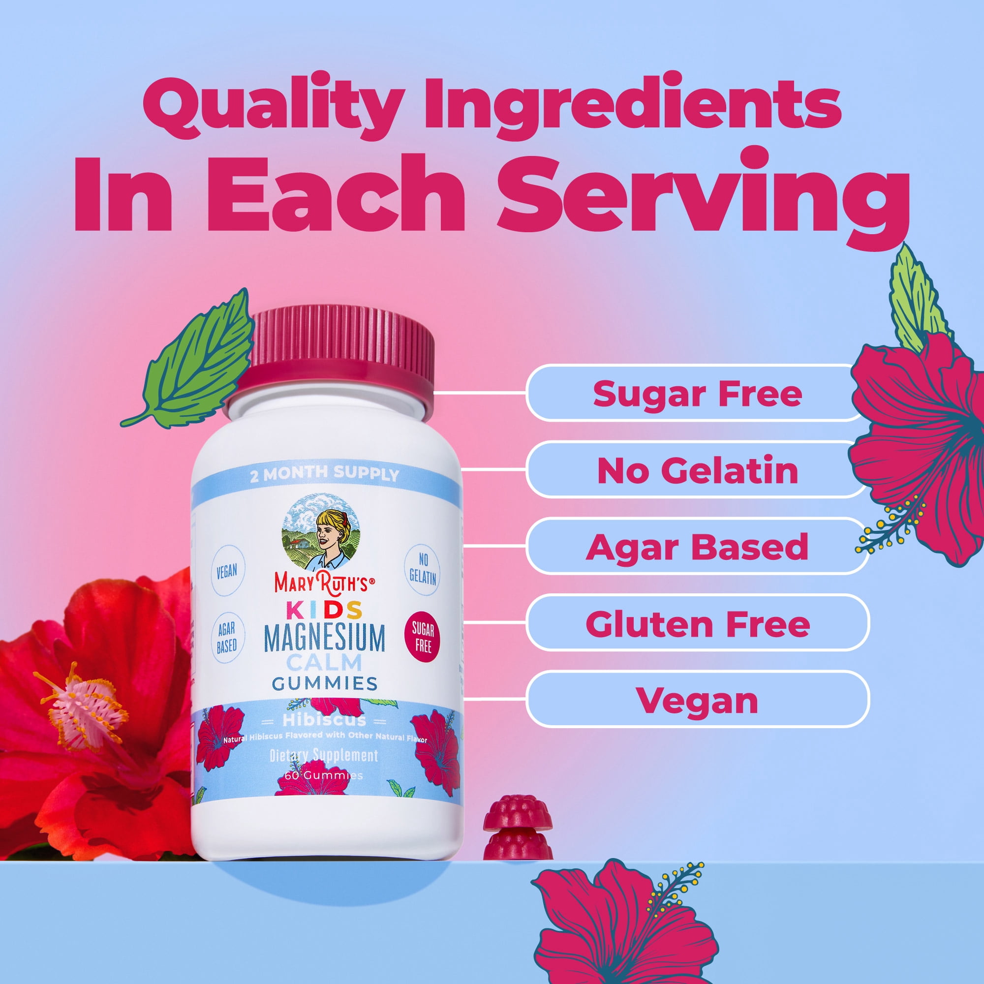 MaryRuth's Magnesium Calm Gummies for Kids Ages 4+, Muscle Support, Bone Health, Vegan, Gluten-Free, Hibiscus Flavor, 60 Count
