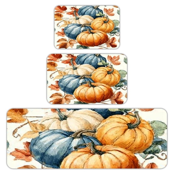 RKSupls Kitchen Rug Set 3 Piece Anti-Slip Flannel Floor Mats, Watercolor Pumpkin Autumn Washable Absorbent Runner Mats for Kitchen Bathroom Home Decor