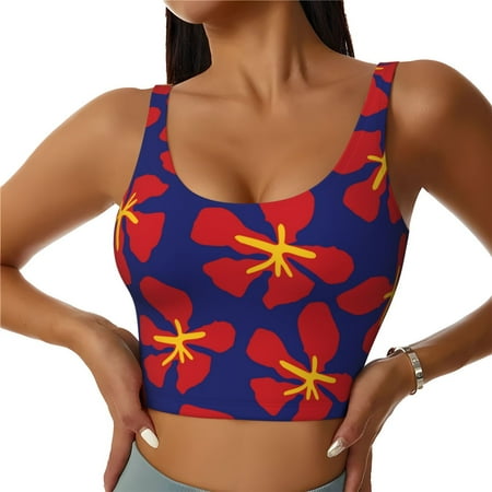 Qokaie Red Floral Pattern Womens Scoop Neck Sports Bra Breathable Workout Vest Padded U Back Medium Impact Fitness Gym Yoga Bra Workout Crop Top-Medium