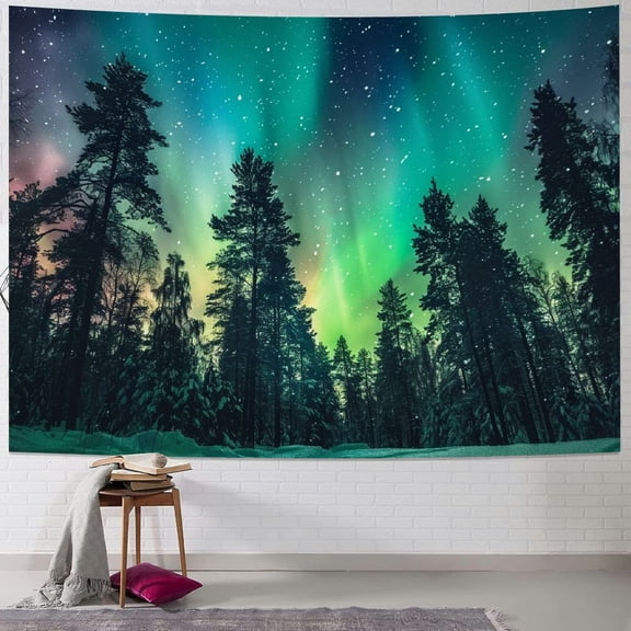 PRATYUS Forest Wall Tapestry for Bedroom Aesthetic, Nature Outer Space Galaxy Starry Night Tapestry Wall Hanging, Green Landscape Ceiling Backdrop Decor Tapestries for Living Room Dorm Painting