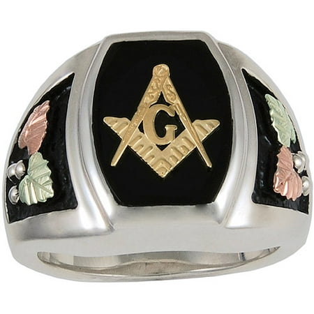 Black Hills Gold Men's Black Onyx Sterling Silver 10kt and 12kt Gold Accented Masonic Emblem Ring