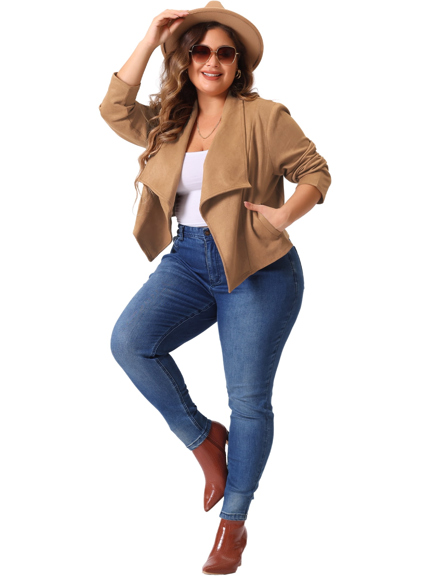 DARING DIVA Plus Size Faux Suede Lapel Open Front Cardigans Jacket 4X Brown