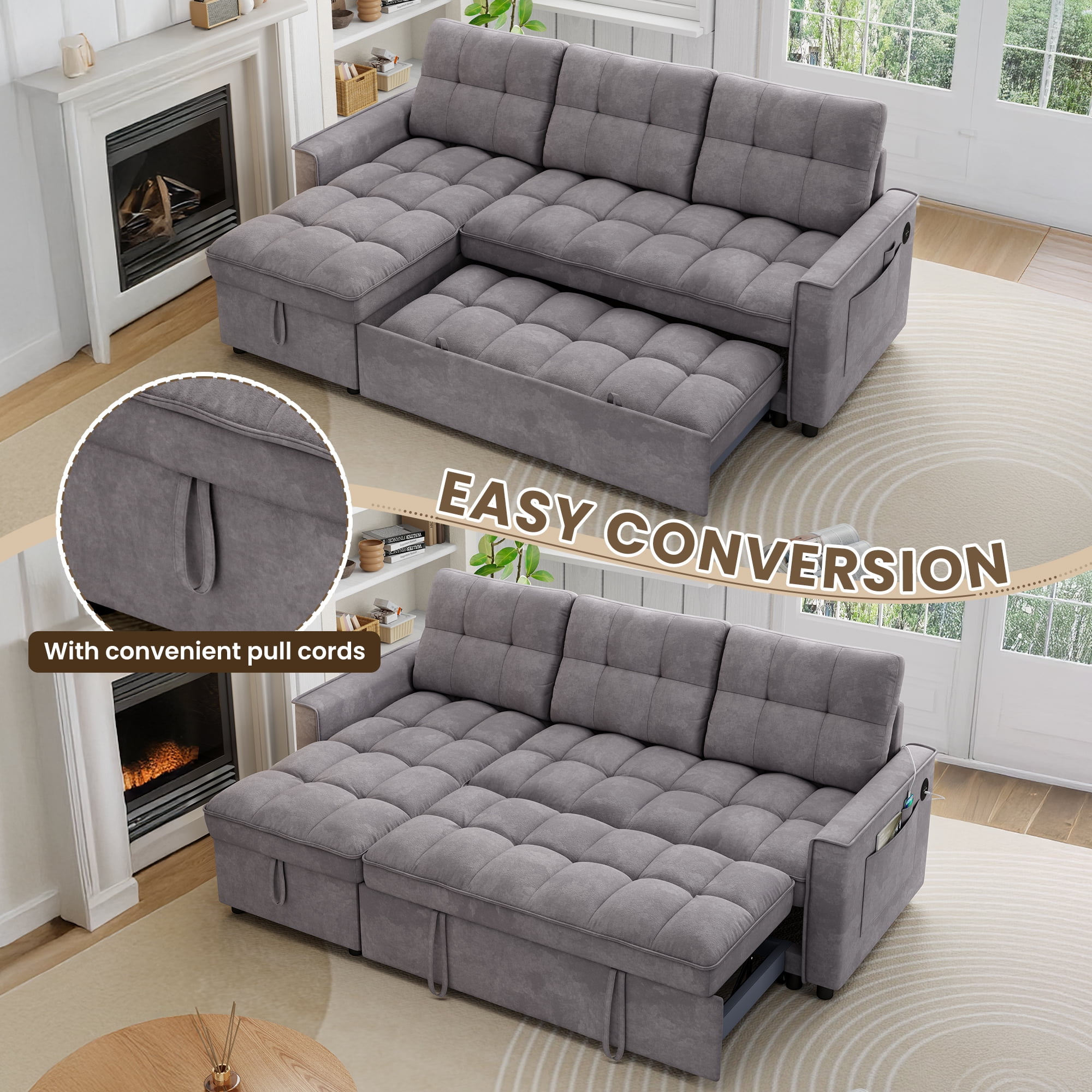 Muumblus Convertible Sofa Bed, Sectional Sleeper Sofa with Storage Chaise, L-Shaped Couch for Living Room, Dark Gray Chenille