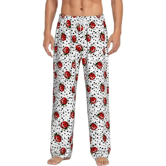 Salouo Red Ladybugs On Black Dotted Print Pajama Pants for Men, Lounge Pants Elastic Waistband Casual Men's sleepwear Loungewear Sleep Pajama Pant -X-Large