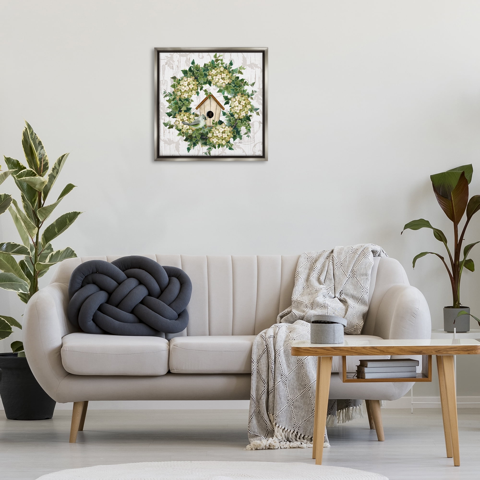 Stupell Industries Spring Birdhouse Wreath Botanical & Floral Painting Gray Floater Framed Canvas Art Print Wall Art, 25 x 25