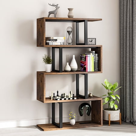 5-Tier S-Shaped Bookshelf Geometric Bookcase Wooden Z-Shelf Storage Modern Open Shelving Freestanding Display Bookshelf for Living Room Home Office Brown