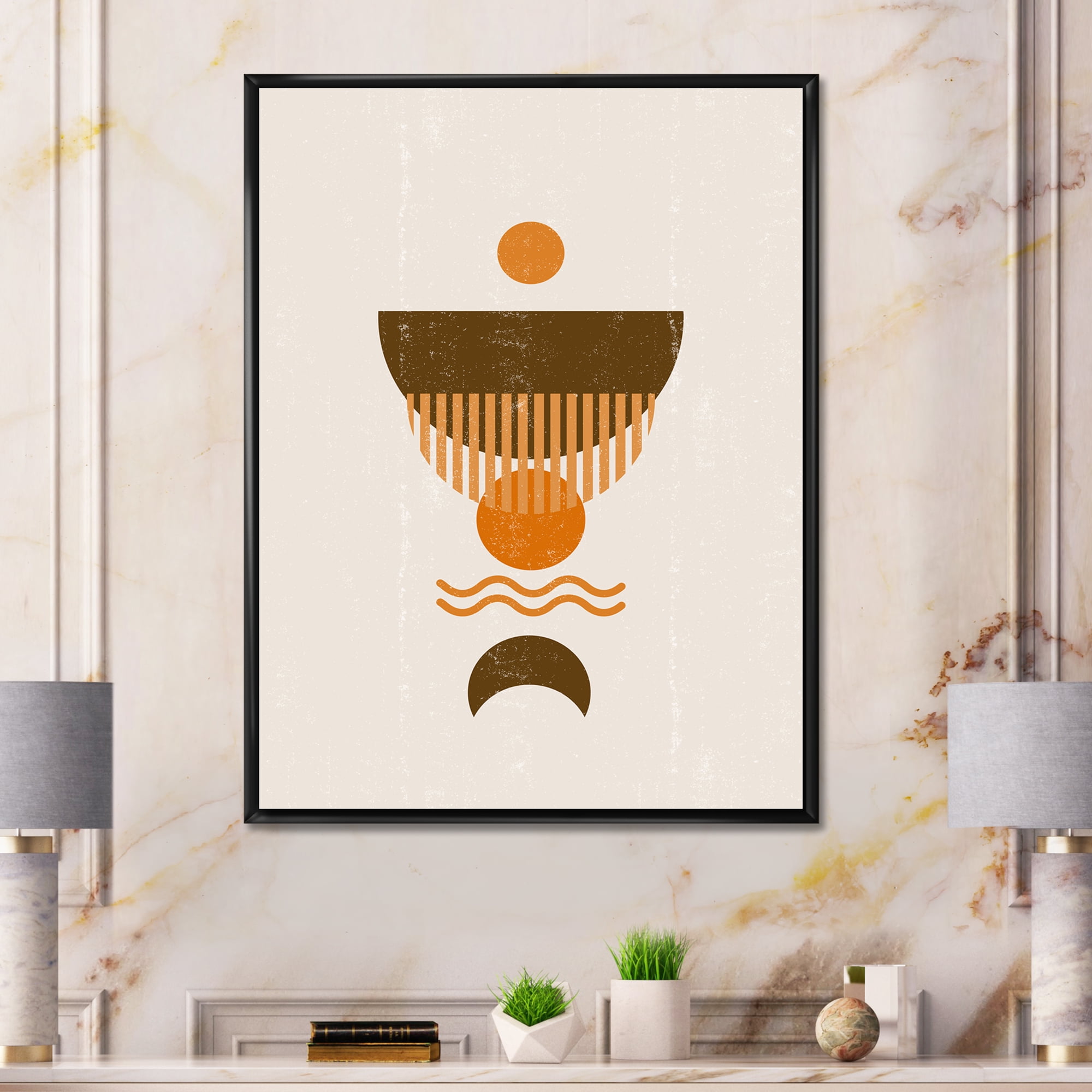 Designart 'Abstract Minimal Brown Moon and Orange Sun' Modern Framed Canvas Wall Art Print