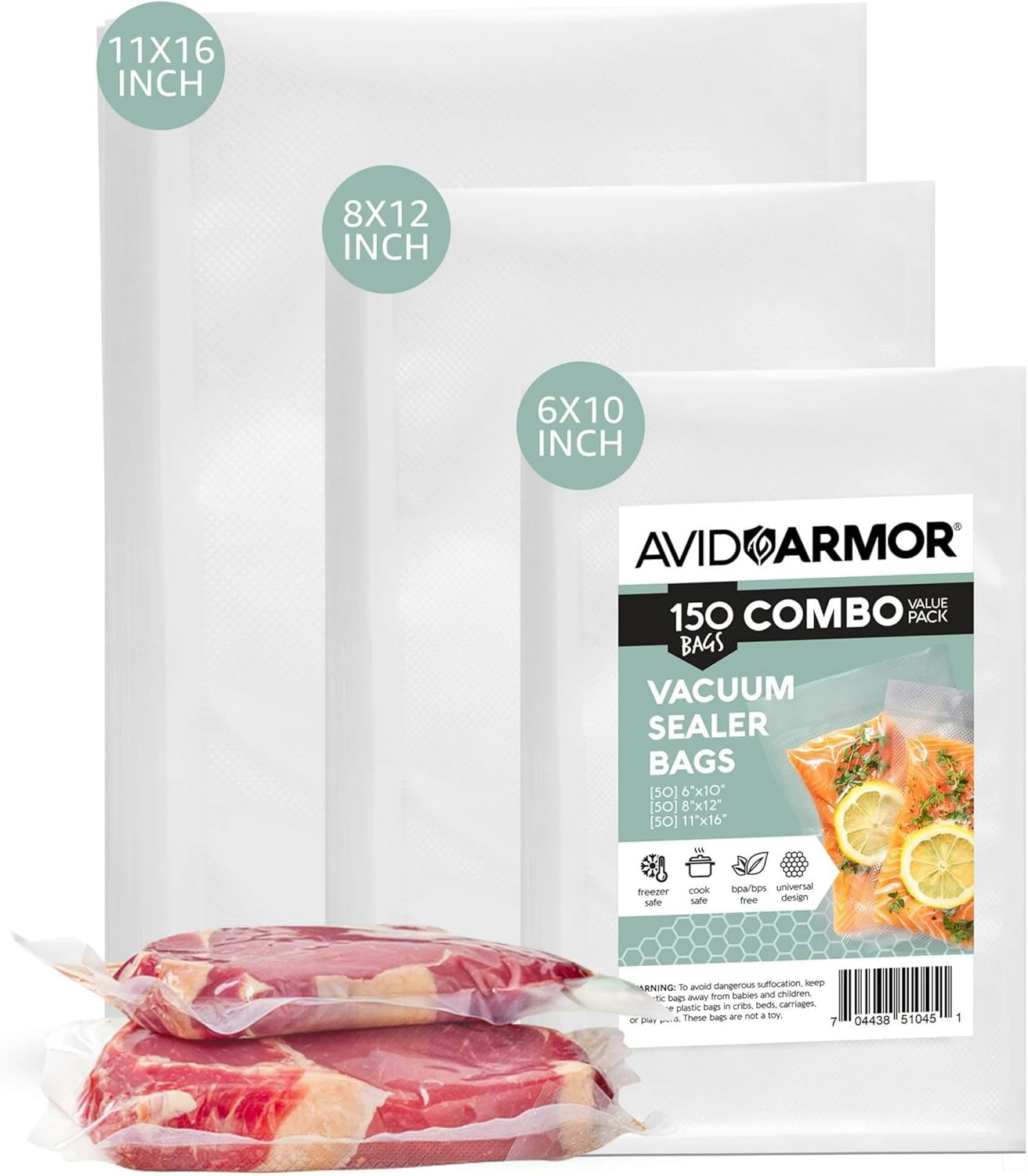 Avid Armor Pre-Cut Vacuum Seal Bags, 150 Pack, Food Saver Bags for Sealer, Clear