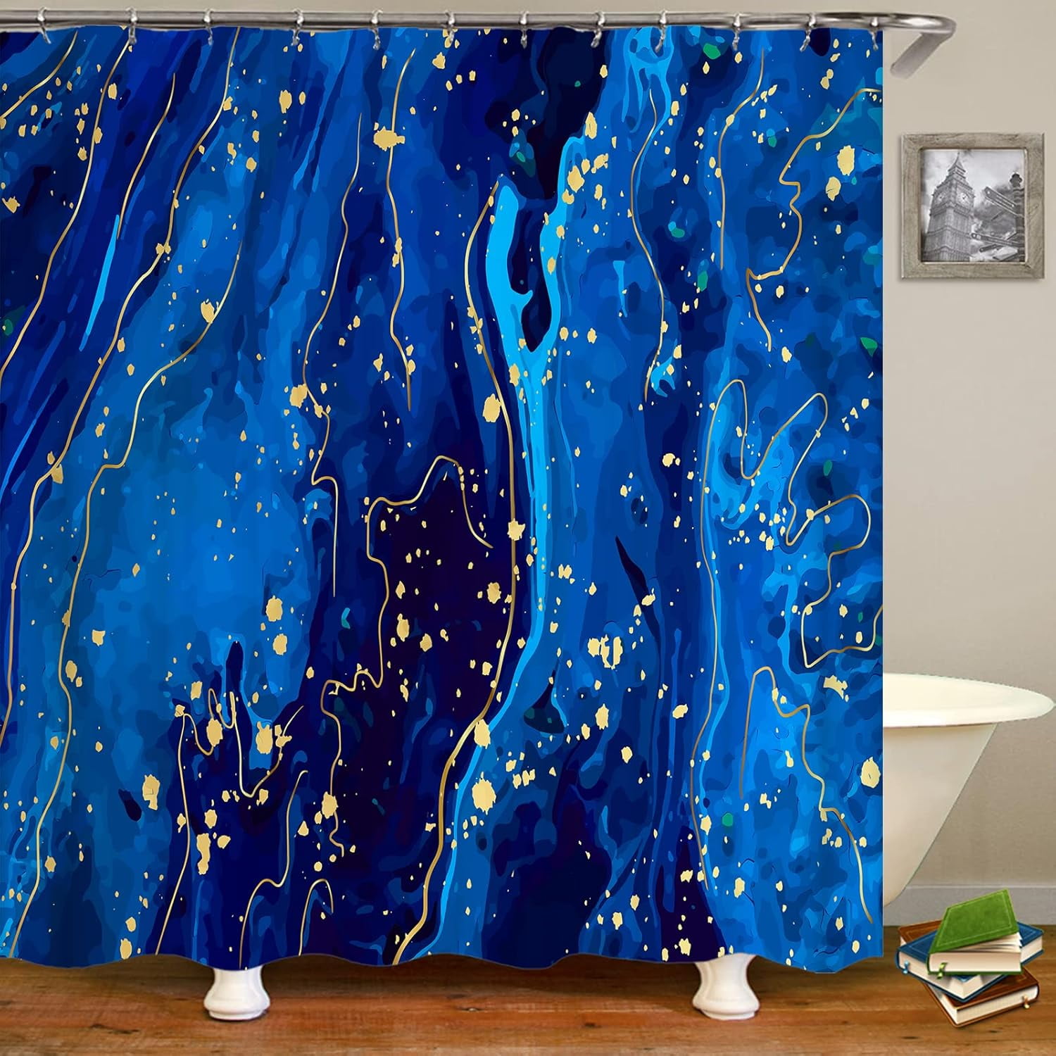 Bathroom Sets with Shower Curtain and Rugs, Bathroom Curtains Shower Set Include Waterproof Shower Curtain Non-Slip Rug Toilet Lid Cover Bath Mat and 12 Hooks, Blue Marble Shower Curtains