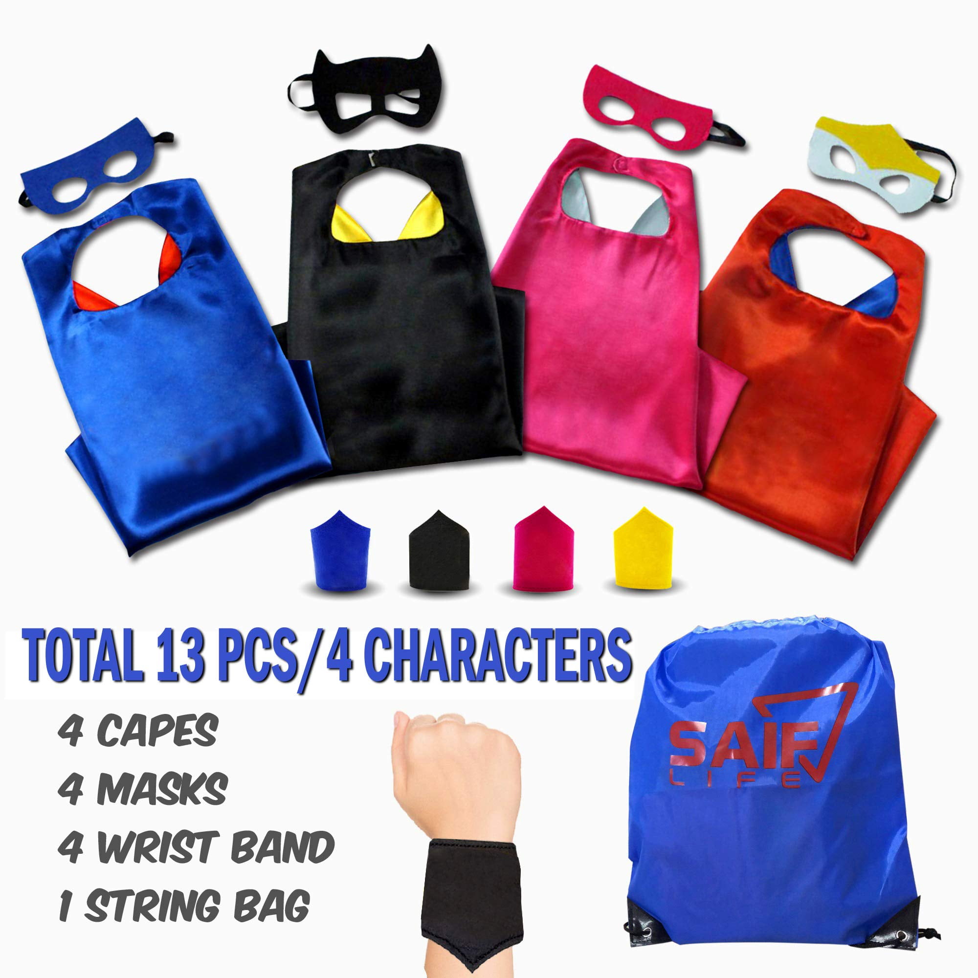 Birthday Party Children Dress up Costume Superhero Capes Set with Drawstring Backpack and Wristbands for Kids 