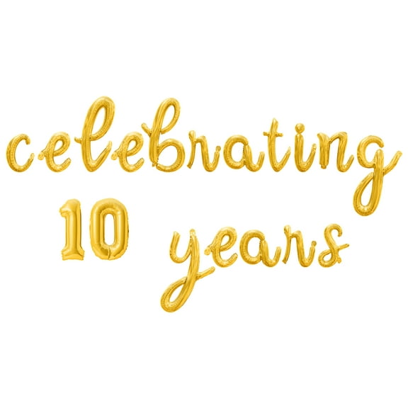 Cursive Script Letter Balloons - CELEBRATING 10 YEARS 16" Inch Alphabet Letters Foil Mylar Balloon 10th Anniversary or Birthday Party Banner (Gold)