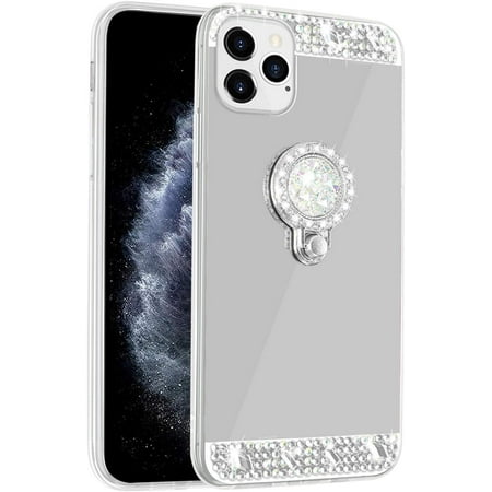 Mignvoa iPhone 12 / 12 Pro 6.1 Diamond Glitter Case Mirror Makeup for Girls Women Protective Cover Bling Crystal Rhinestone Ring Holder Grip Kickstand for Apple iPhone 12 / 12 Pro 6.1 inch (Silver)