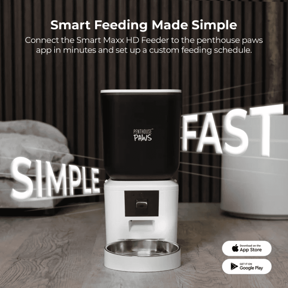 Penthouse Paws Smart Maxx HD Automatic Pet Food Feeder, 7L Capacity, 1080p Camera, WiFi App Control, 2-Way Audio, Anti-Jam Design, Backup Power, Stainless Steel Bowl, White, for Cat & Dog
