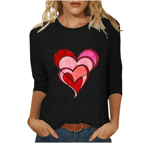 Women Casual Valentine's Day Tshirts Cute Heart 3/4 Sleeve Tops Teen Girls Crewneck Basic Tunic Tee
