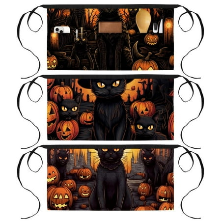 

Waitress Aprons for Servers 3 Pockets Waist Apron Halloween Black Cat Pumpkin Server Waitress Short Apron for Men Women 3 Pieces Chef Kitchen Half Apron