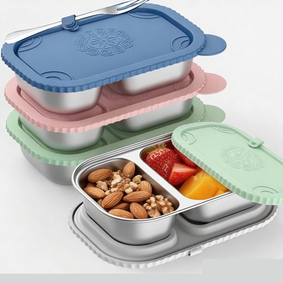 Yhmxh Stainless Steel Snack Container with Lid, 2 Compartment Reusable Leakproof Snack Box for Outdoor Camping, Dishwasher & Freezer Safe Lunch Container, Bento Box for Travel, Office, Meal Prep
