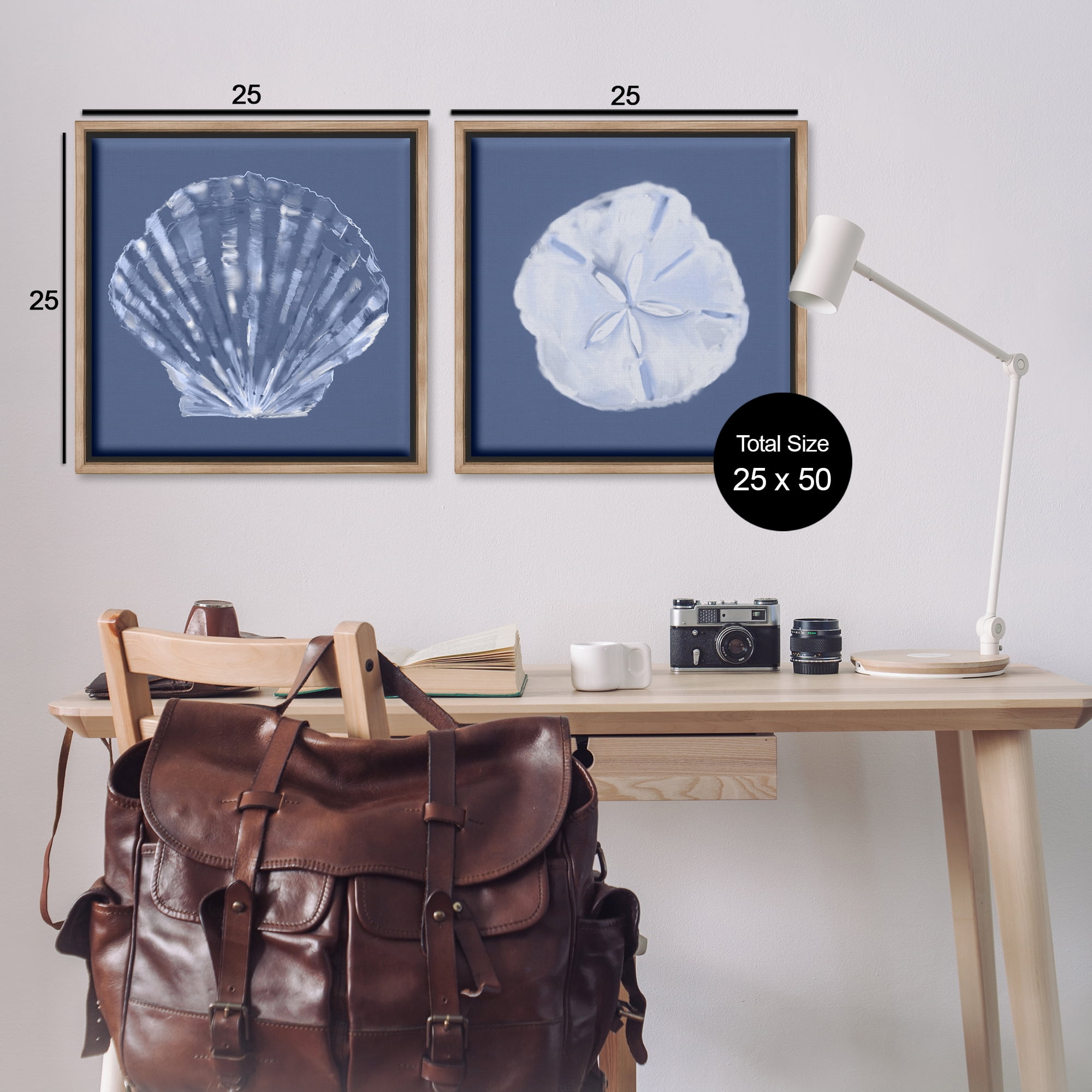 Stupell Industries Denim Sand Dollar & Scallop Nautical & Beach Painting Brown Floater Framed Canvas Art Print Wall Art, 25 x 25, Set of 2