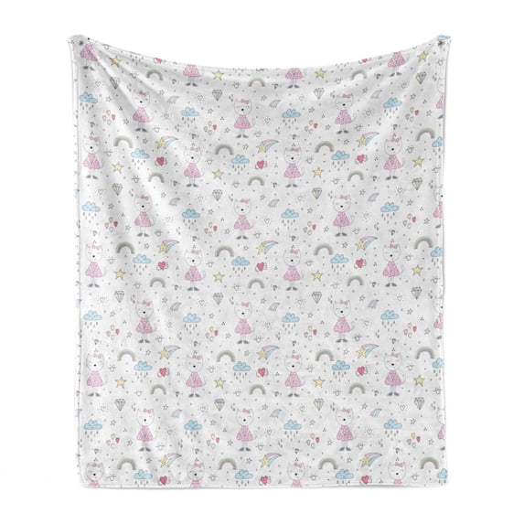 Colorful Soft Flannel Fleece Blanket, Cats Wearing Dress and Bow Tie with Hearts Clouds and Stars Shapes Pattern, Cozy Plush for Indoor and Outdoor Use, 50" x 60", White Multicolor, by Ambesonne