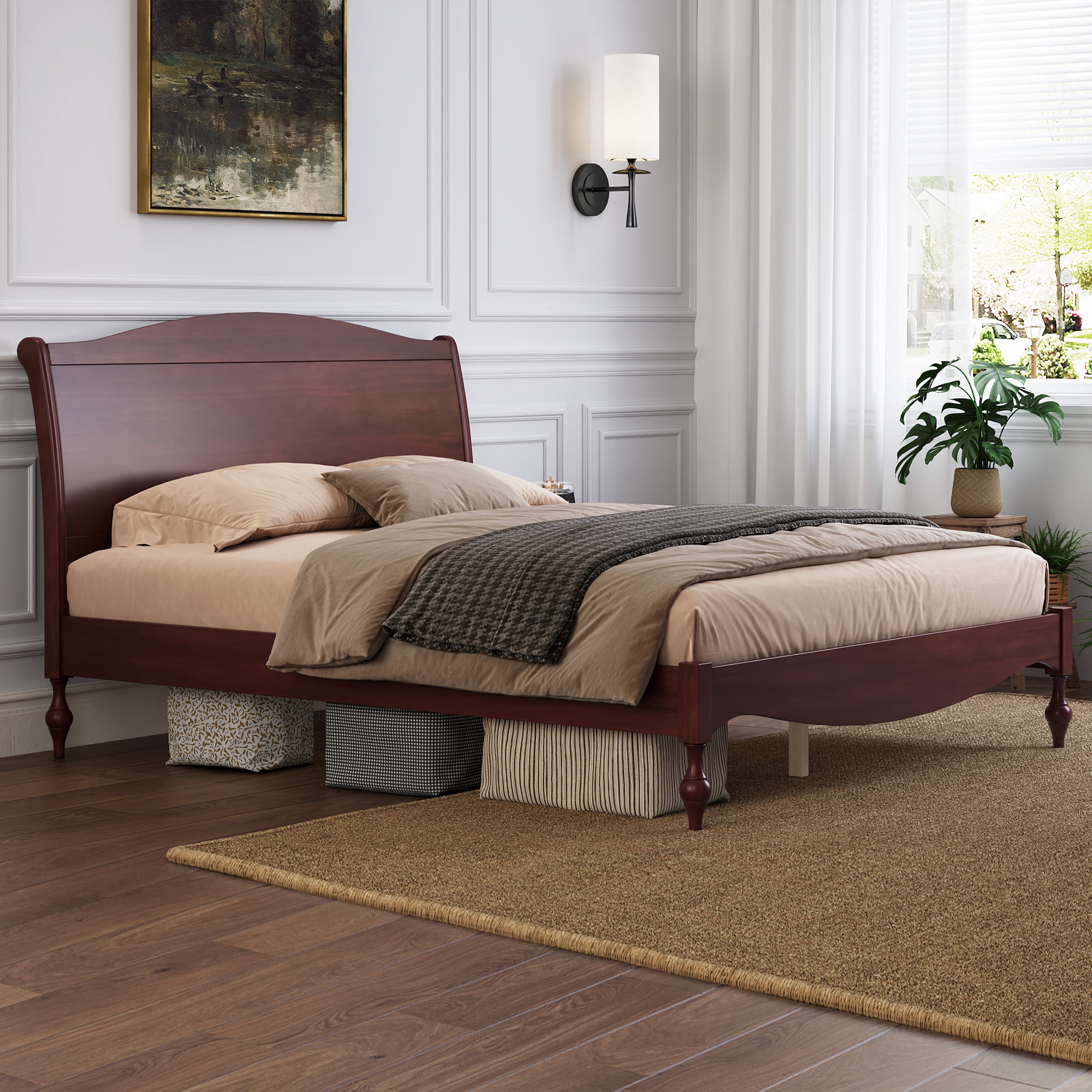 Mintazer Vintage Curved Queen Platform Bed with Traditional Arched Headboard & Turned Legs for Bedroom, No Box Spring Needed, Easy Assembly, Dark Walnut