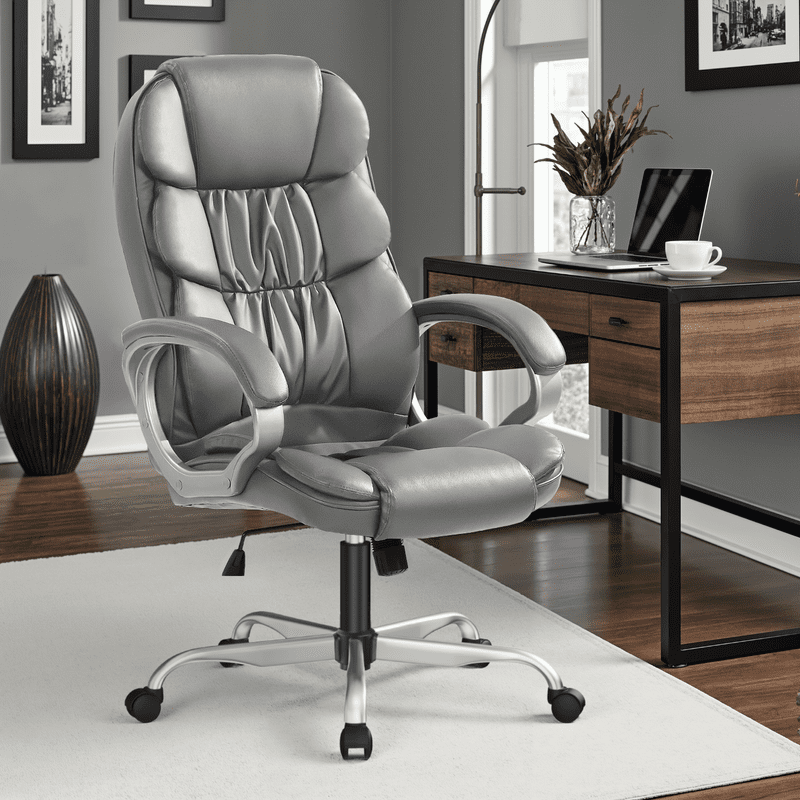 Furmax High Back Office Adjustable Ergonomic Desk Padded Armrests Executive PU Leather Swivel Task Chair with Lumbar Support, Gray