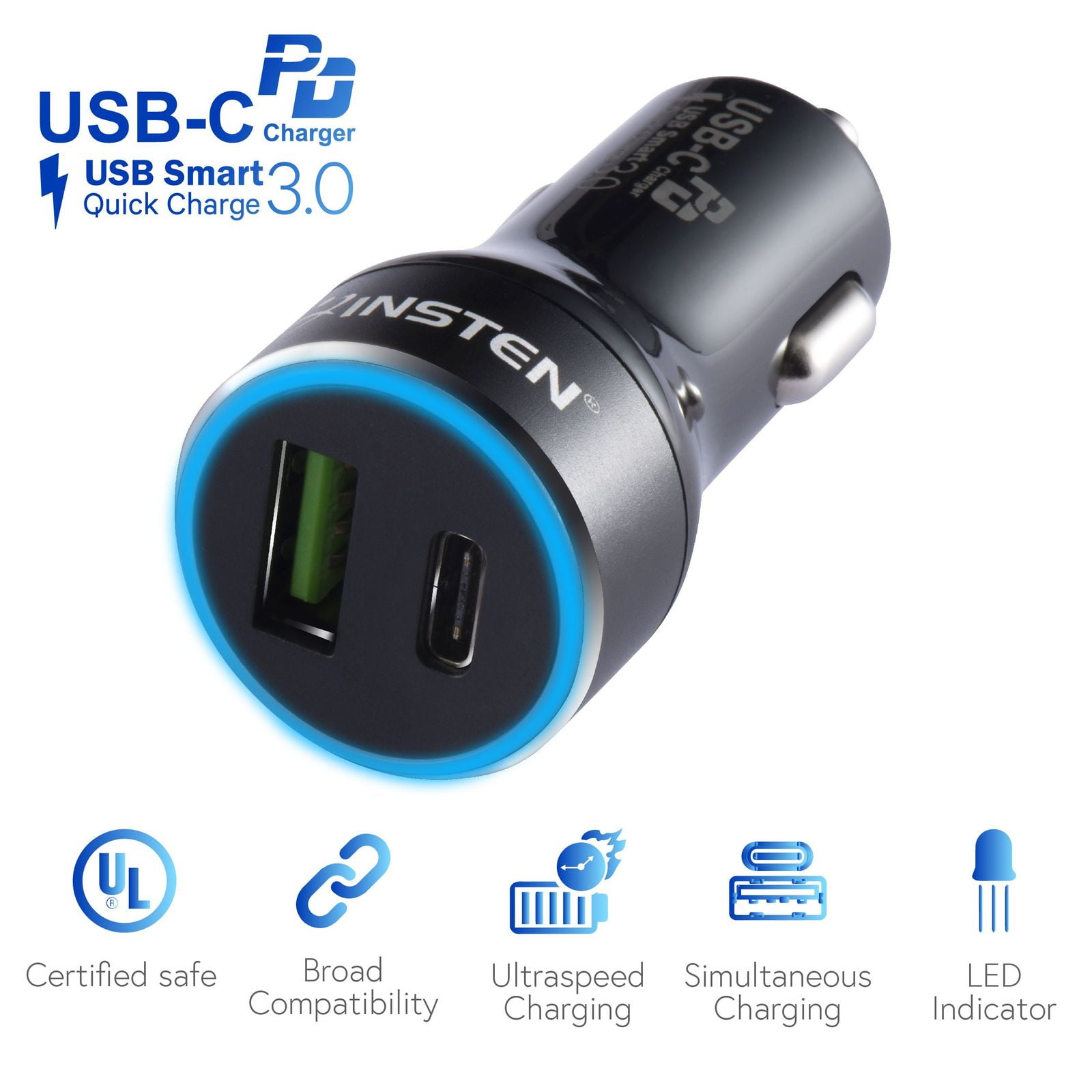 Dual USB Port Car Charger w/ Quick Charge 3.0 Smart Fast Charge Power Adapter 