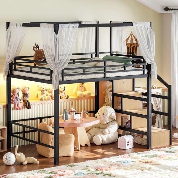 ChenyueFurn Full Metal Loft Bed with Storage Stairs & Wardrobe,Black