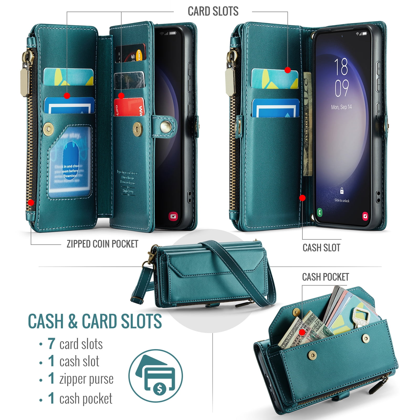 Compatible with Samsung Galaxy S23 5G Zipper Wallet Phone Case Tempered Glass Screen Protector Crossbody Lanyard Strap Flip Card Holder Slot Cell Cover for S 23 23S GS23 G5 SM-S911U 6.1 Women Green