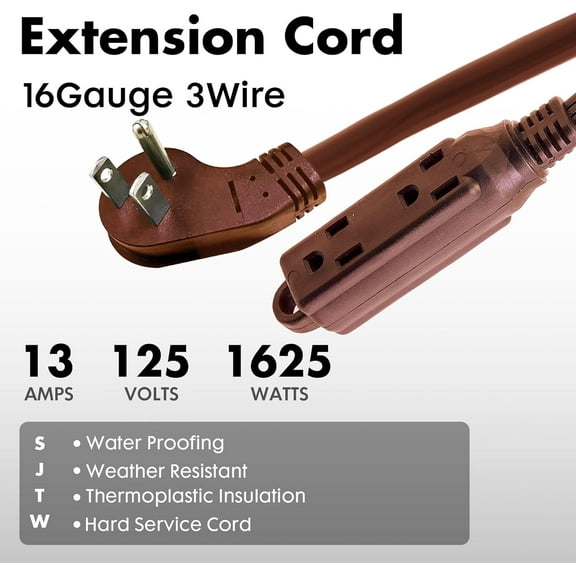 PYYAN-Indoor Extension Cord 3 Outlets Flat Plug Power Strip, UL Listed, 16 Gauge 10 ft Brown 3 Prong Heavy Duty, 16/3 SJTW 13A Outlet Extender