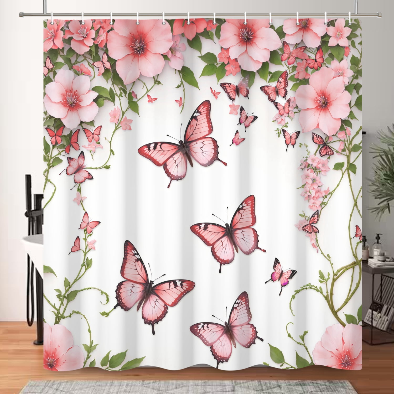 SUNOLIFE Pink Butterfly Shower Curtain，Spring Floral Fabric Bathroom Curtain with Hooks,60x72 in