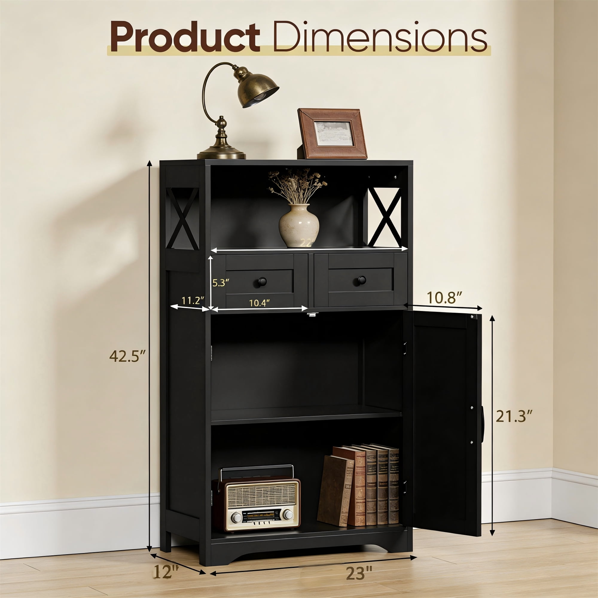 Farmhouse Storage Cabinet, Bathroom Floor Cabinet Kitchen Pantry with Doors and Drawers, Hutch Cupboard for Living Room, Bedroom, Laundry, Black