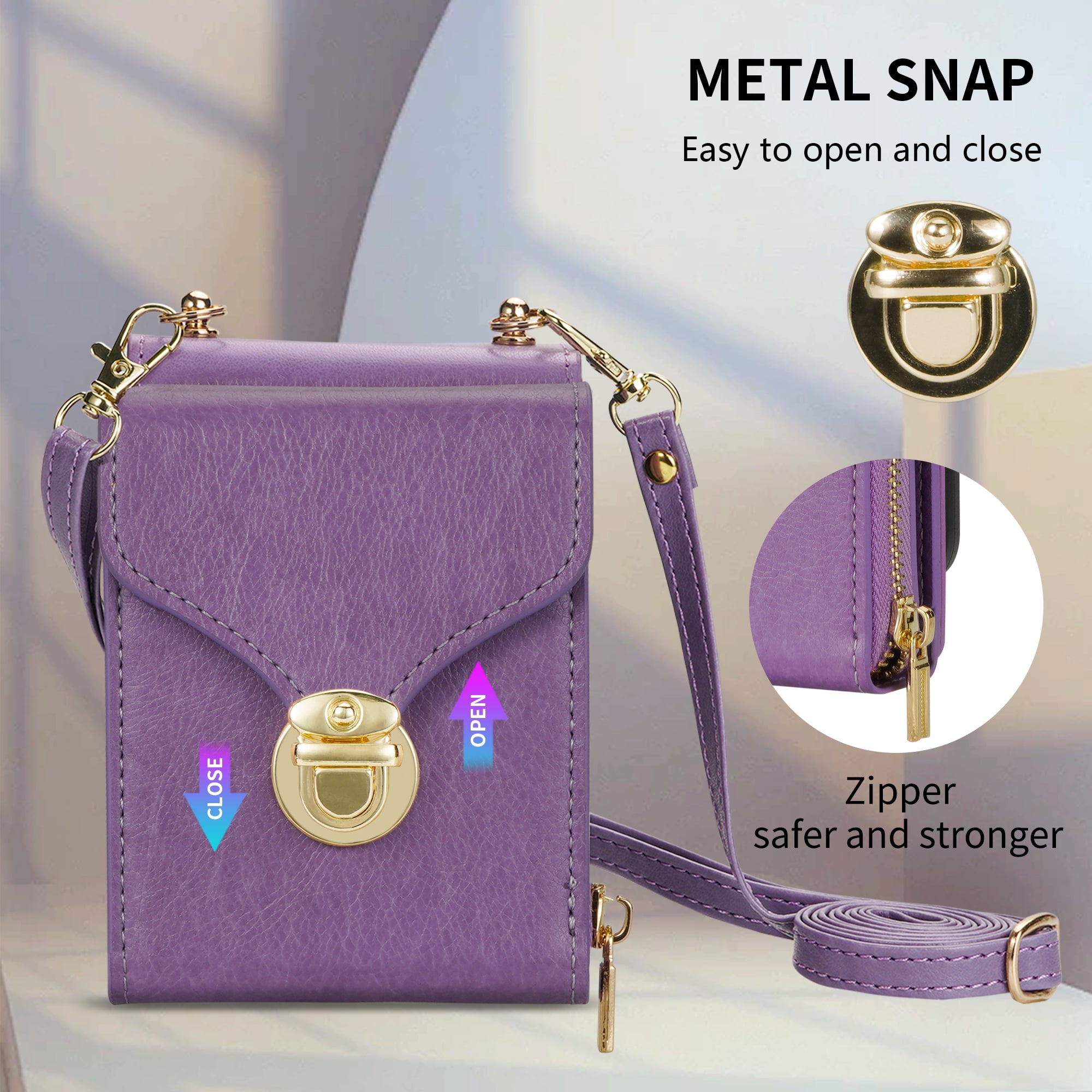 Handbag Wallet Case for Samsung Galaxy Z Flip 6 with Shoulder Strap, with Back Card Slots Holder PU Leather Magnetic Snap Zipper Flip Purse Shockproof Phone Cover for Galaxy Z Flip 6 - Purple