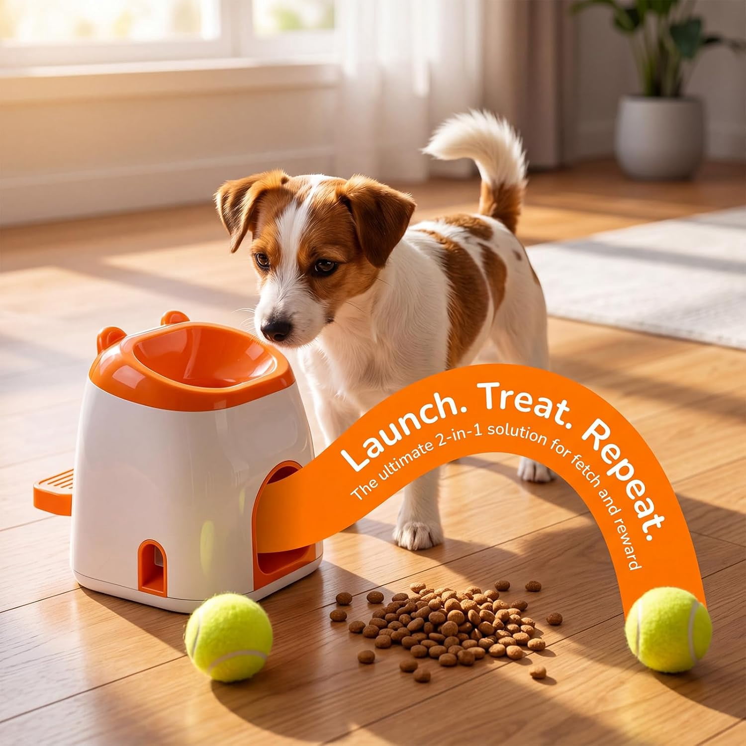 2-in-1 Dog Tennis Ball Launcher & Treat Dispenser, Automatic Ball Thrower for Small Medium Dogs, Interactive Pet Feeder Toy, No Batteries Needed