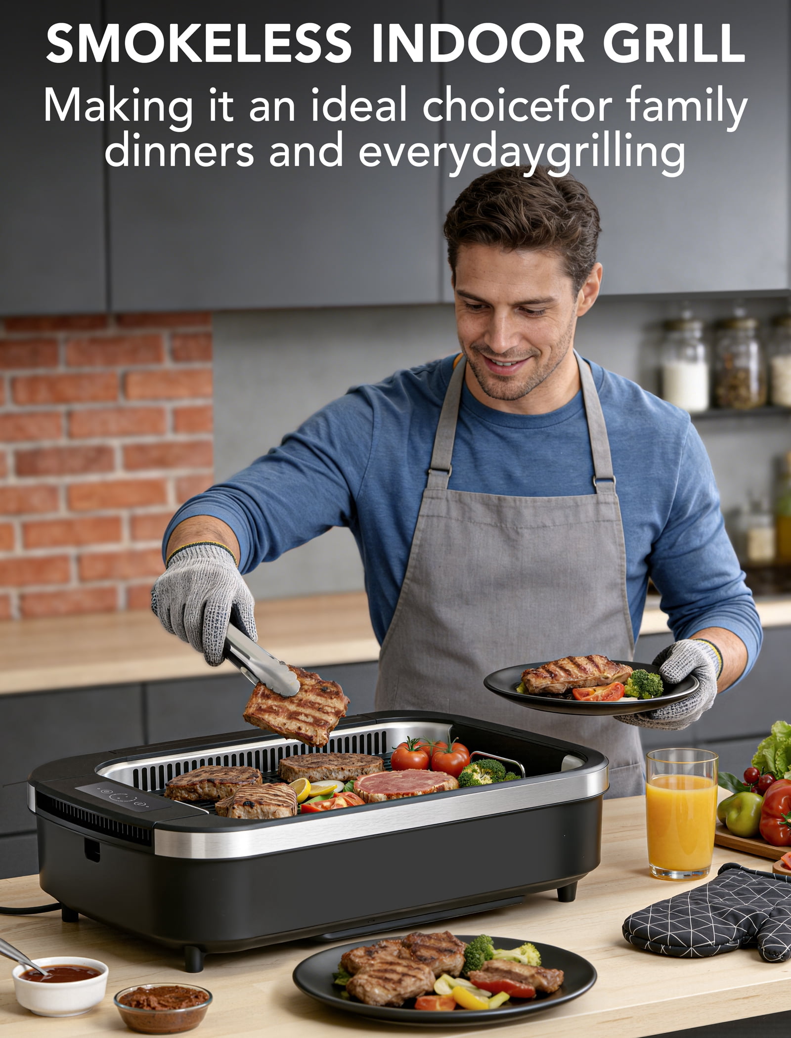 CRZOE Indoor Smokeless Electric Grill, 1500W Korean BBQ Grill with Drip Tray & Tempered Glass Lid, Compact Portable, NonStick, 6-Level Control, 90 Min Auto Timer, Dishwasher Safe, Black