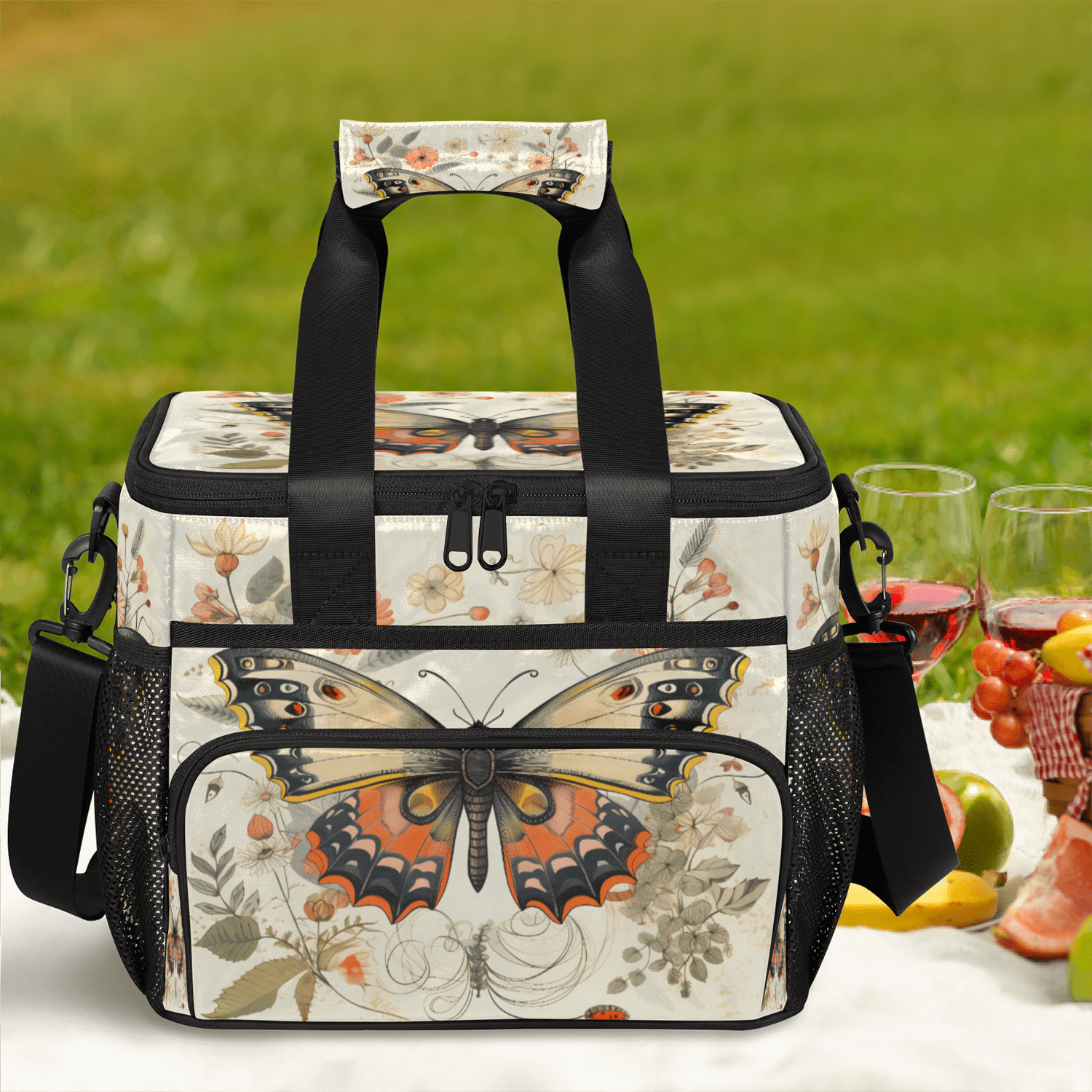Herdesigns Flower Butterfly Large Lunch Box for Adults Women Men with Adjustable Shoulder Strap, Insulated Reusable Lunch Bag Leakproof Cooler Tote Bag