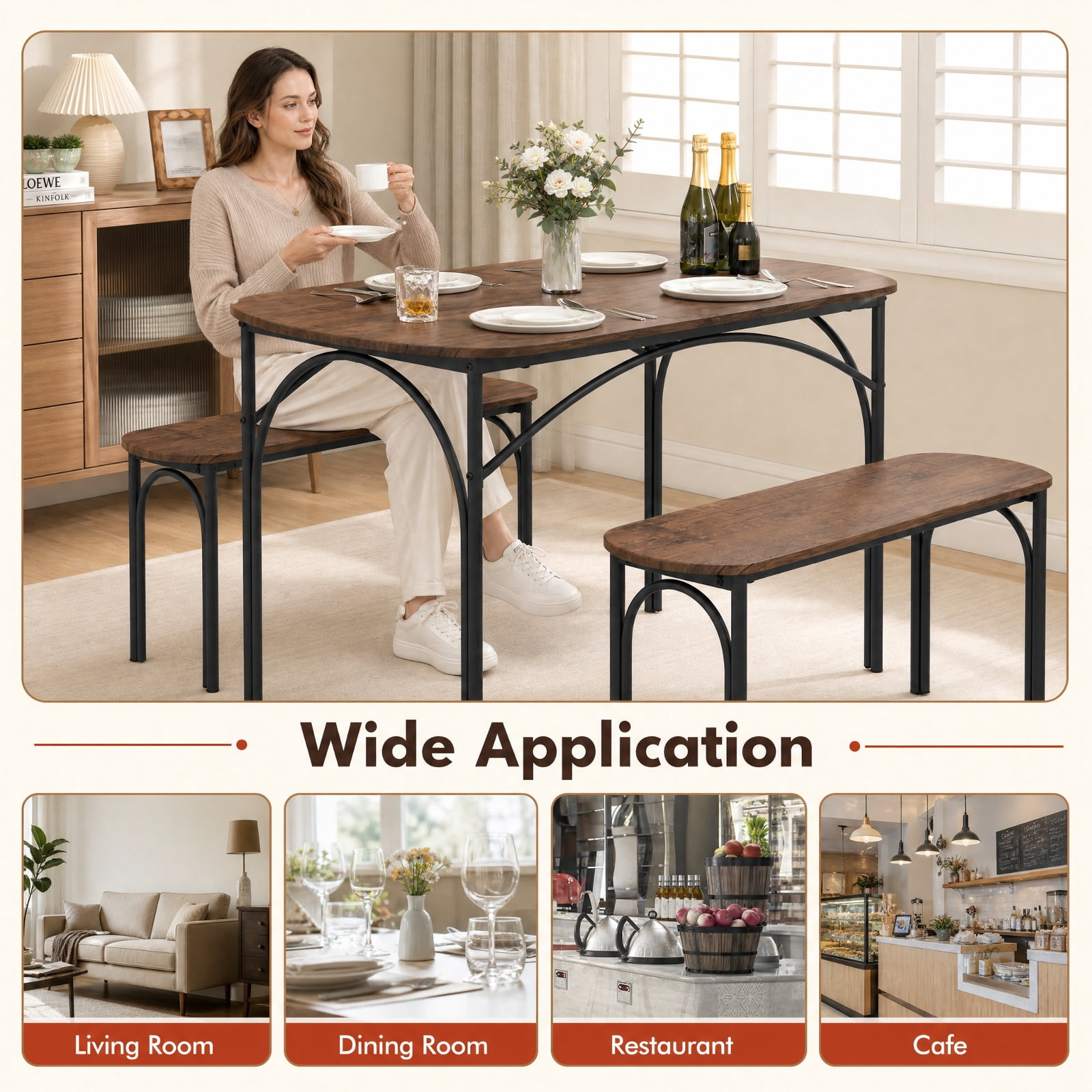 Furnibear 3 Piece Rectangular Dining Table Set for 4 with 2 Benches and Powder Coated Metal Frame for Kitchen and Apartment, Brown