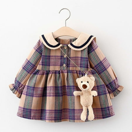 

Toddler Kids Girls Summer Plaid Skirt Long Sleeve Fashion Dress Round Neck Long Sleeve Ruffle Dress Plaid Casual Dress Cute Animal Bear Dress