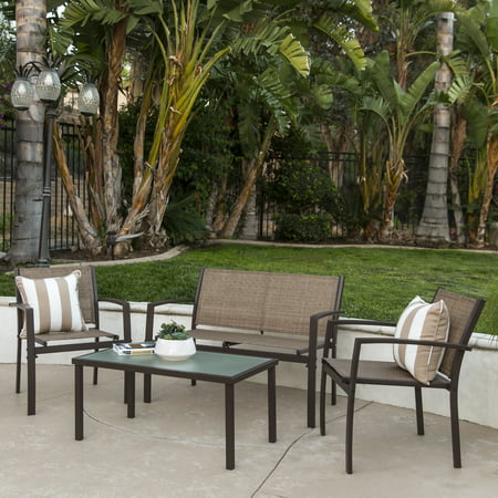 Best Choice Products 4-Piece Outdoor Patio Metal Conversation Furniture Set w/ Loveseat, 2 Chairs, and Glass Coffee Table for Backyard, Patio, Poolside -