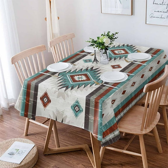 Turquoise Red Boho Tablecloth Rectangle Table Cloth 52x70 , Waterproof Tablecloth Outdoor Table Cloth, Southwestern Ethnic Aztec Retro Geometric Washable Table Cover for Kitchen Dining Party