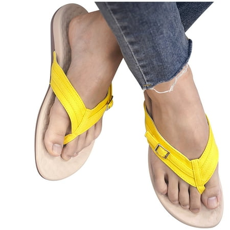 

JNGSA Slim Flip Flops for Women Shower Faux Leather Sandals Comfortable Summer Beach Slip On Shoes Yellow 43 Clearance