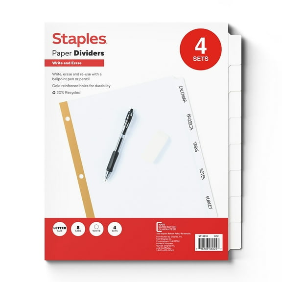 Staples Big Tab Write-On Paper Dividers 8-Tab White 4/Pack (13510/23178)