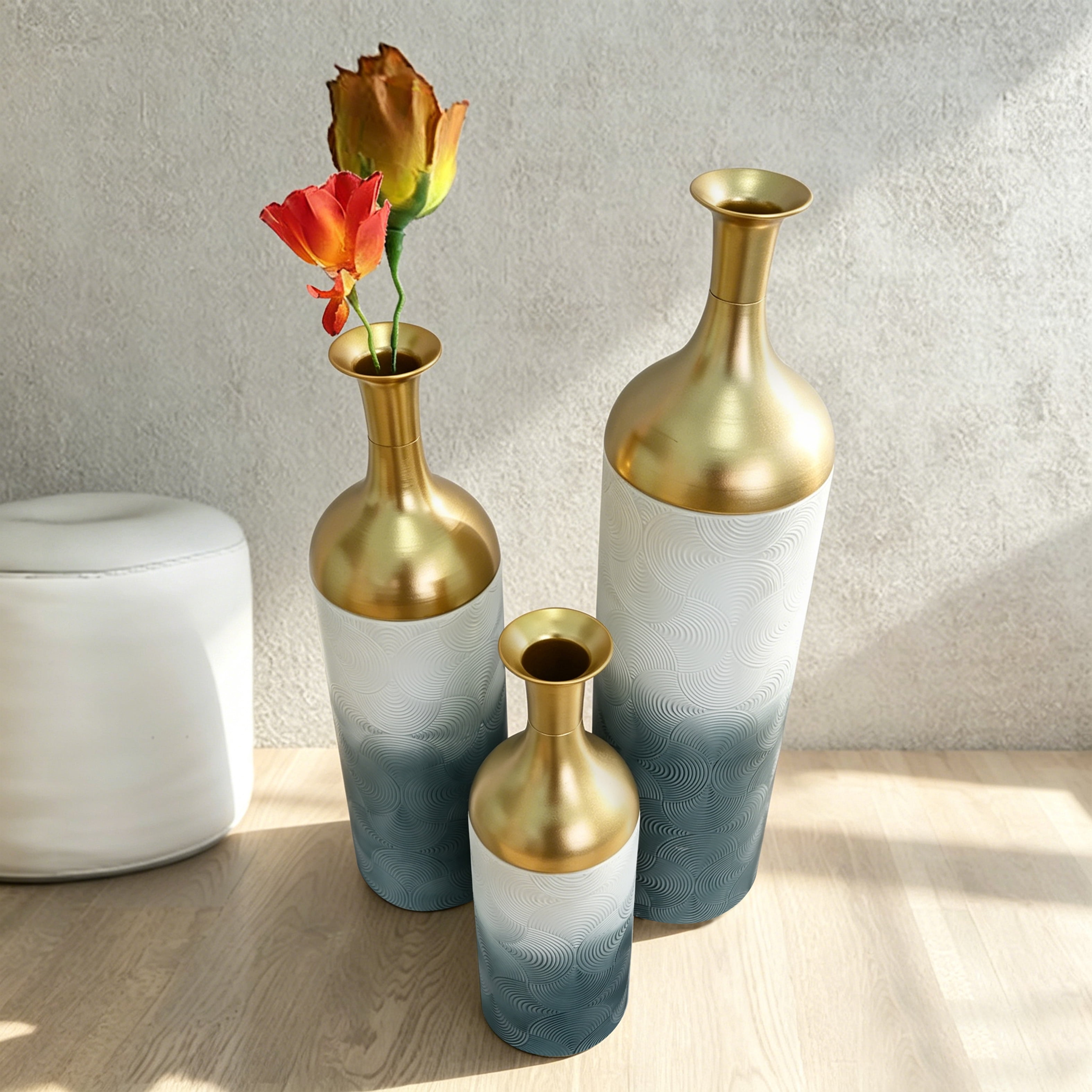 Metal Floor Vases Set of 3 with Leaf Pattern, Tall Decorative Vases and Home Decor Accents for Living Room Entryway, Antique Grey and White