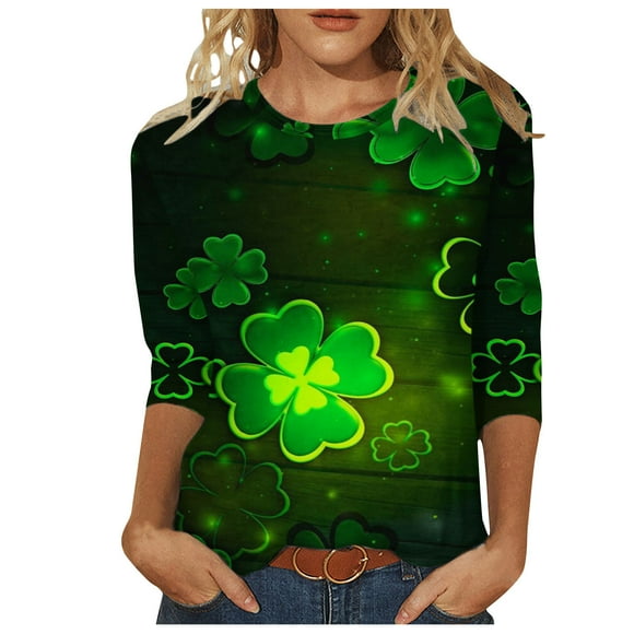 lcziwo St Patricks Day Shirt Women 3/4 Sleeve Plus,Women's St Patricks Day Tee Shirt Irish St. Patrick's Day Shirts Four-Leaf Clover Printed 3/4 Length Sleeve Womens Tops,S-5XL XXXL